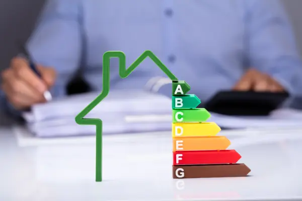 Ein Mann sitzt am Schreibtisch im Hintergrund, während im Vordergrund ein Diagramm in Form eines grünen Hauses mit den Buchstaben A bis G in verschiedenen Farben zu sehen ist. Dies veranschaulicht möglicherweise die Rolle der Energieberatung bei der Analyse und Planung von Gebäudeaspekten.