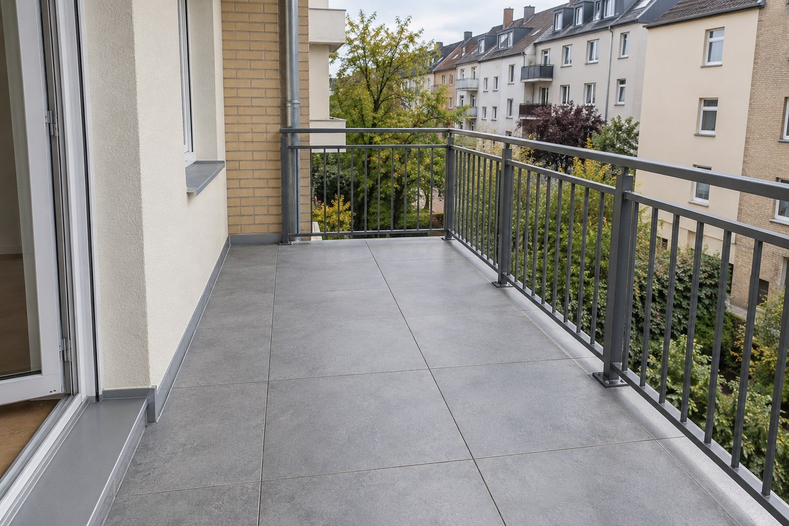 Beispielmotiv eines Balkons mit grauem Plattenbelag und Metallgeländer