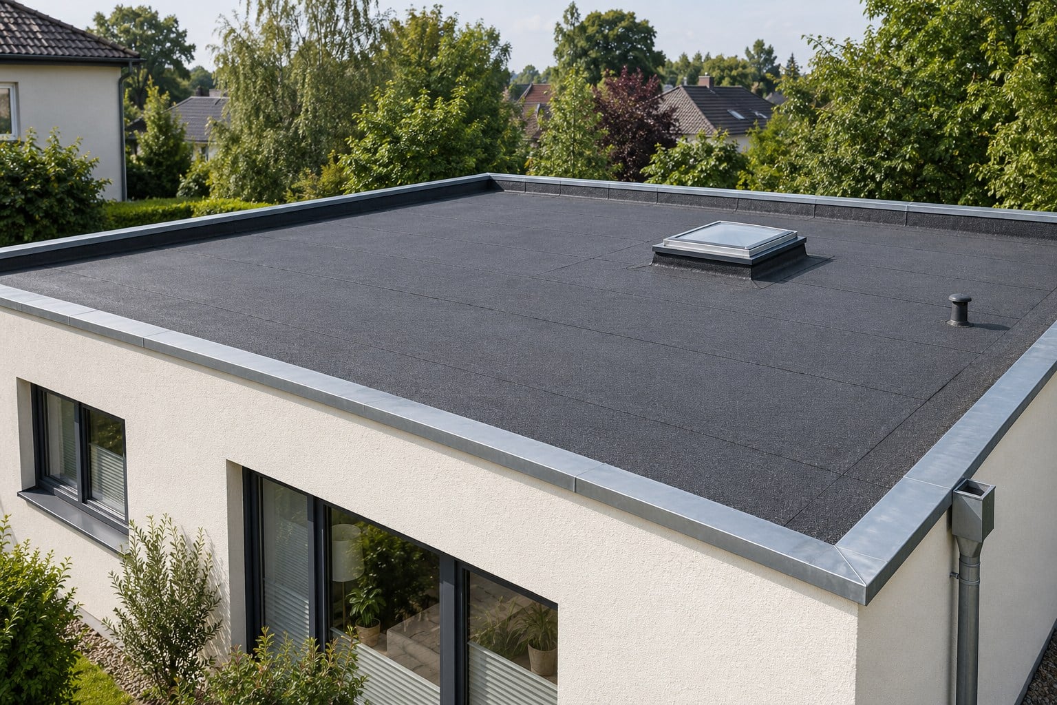 Beispielmotiv eines Flachdachs mit grauer Abdichtung, Attika und Lichtkuppel