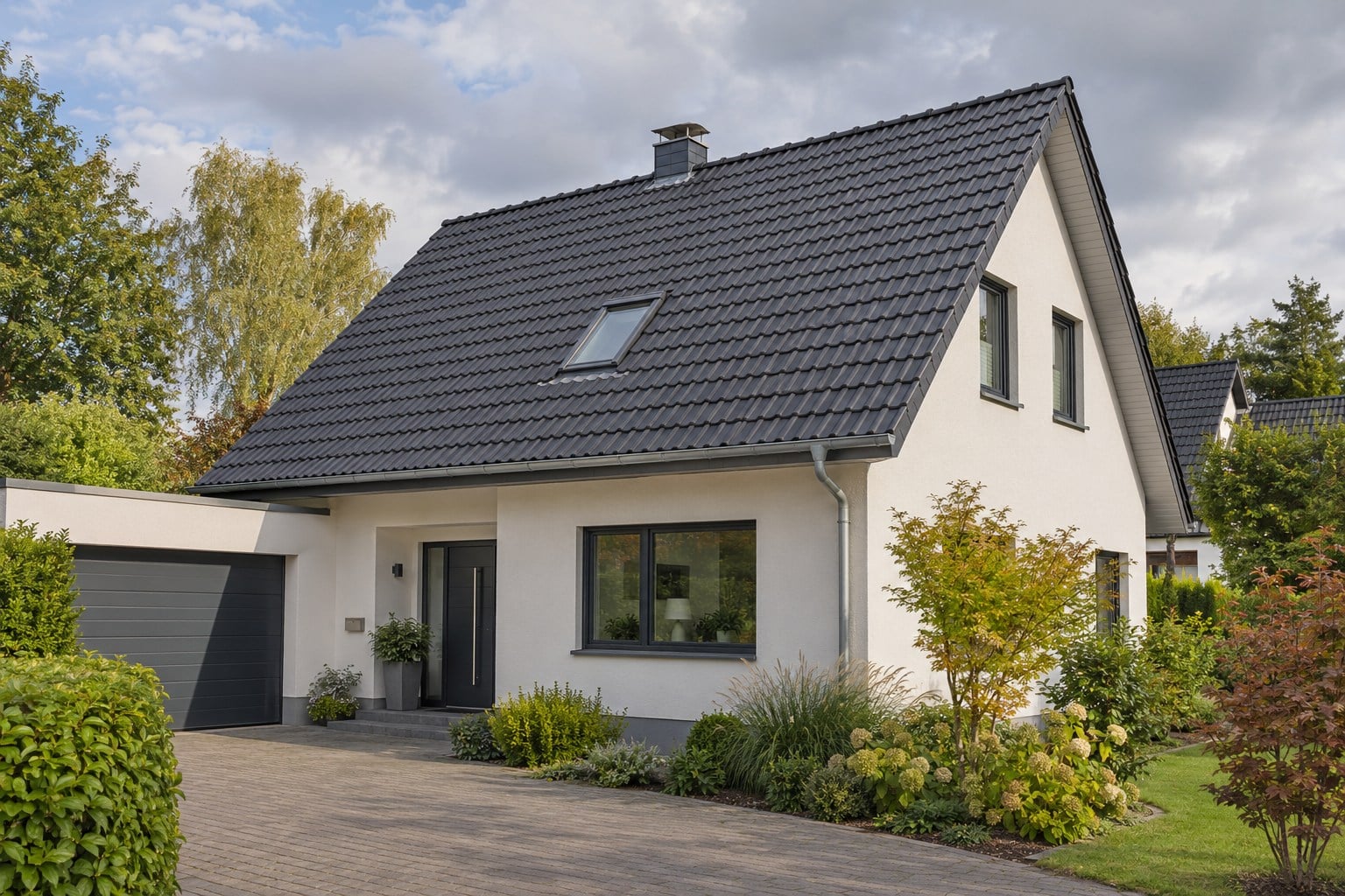 Beispielmotiv eines Wohnhauses mit dunkel eingedecktem Steildach und Dachfenster